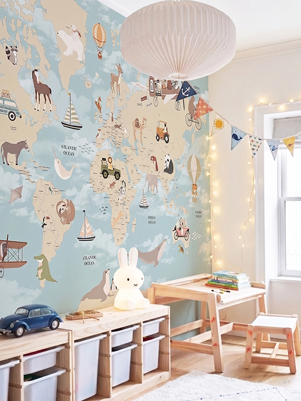 Children's wall mural with adventure world map – animals, hot air balloons, sailboats and vintage cars across continents, in soft blue and sandy tones, for kids' rooms