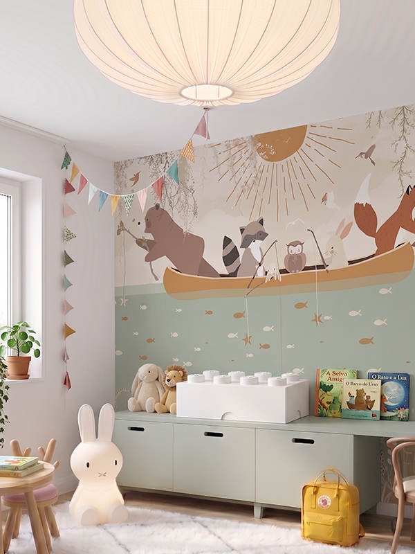 Children's wall mural with woodland animals fishing from a canoe – bear, raccoon, owl and fox on a boat, in soft sage green and warm beige tones, for kids' room