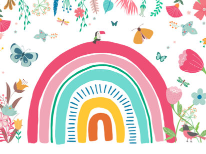 Children's wall mural with colourful rainbow, tropical flowers, butterflies and birds – bright pink, teal and yellow tones on white background, for girls' kids' room