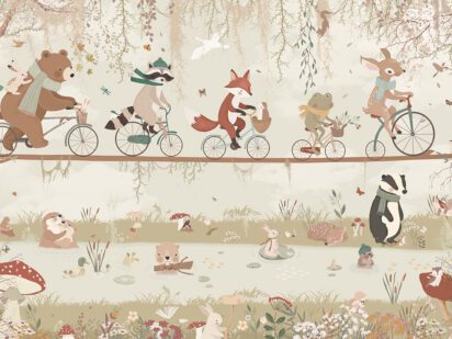 Forest friends on a joyful ride through a dreamy woodland day.
