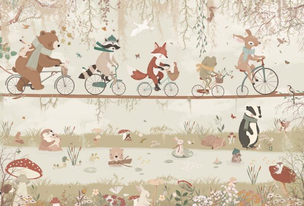 Forest friends on a joyful ride through a dreamy woodland day.