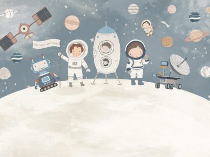 Children’s space-themed wallpaper with astronauts, rocket, robot, and planets in soft pastel colors, ideal for nursery or kids’ room decor.