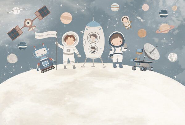 Children’s space-themed wallpaper with astronauts, rocket, robot, and planets in soft pastel colors, ideal for nursery or kids’ room decor.