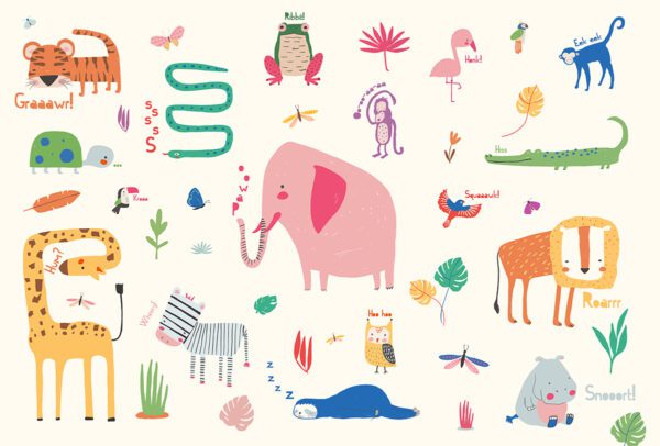 Children’s bedroom with playful jungle animal wallpaper, including illustrated lions, elephants, snakes, monkeys, birds, and more—each labeled with fun animal sounds.