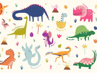 Colorful dinosaur-themed wallpaper featuring friendly cartoon dinosaurs, eggs, volcanoes, and prehistoric plants—perfect for children's bedrooms or playrooms.