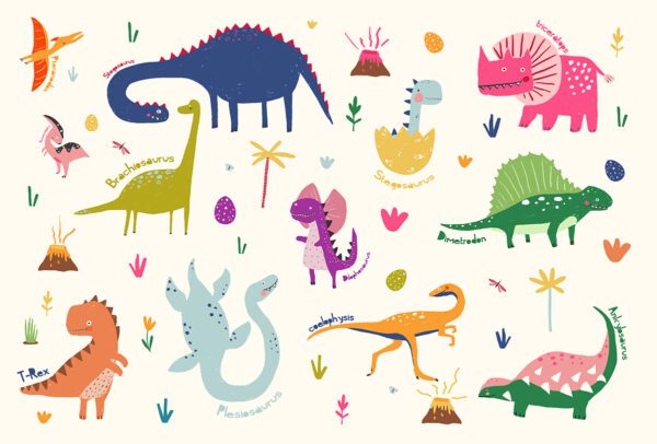 Colorful dinosaur-themed wallpaper featuring friendly cartoon dinosaurs, eggs, volcanoes, and prehistoric plants—perfect for children's bedrooms or playrooms.