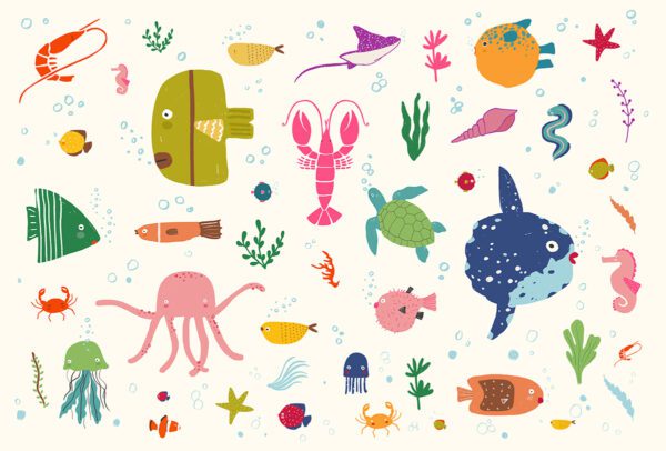 Colorful underwater-themed wallpaper with smiling sea creatures like fish, crabs, and octopuses, designed for children’s rooms.
