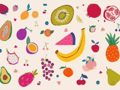 Bright fruit-themed wallpaper featuring playful illustrations of bananas, pineapples, watermelon, berries, and citrus fruits—perfect for kids' rooms, playrooms, or creative spaces.