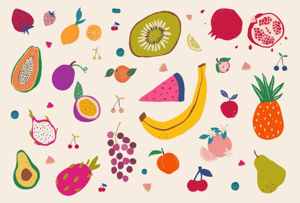 Bright fruit-themed wallpaper featuring playful illustrations of bananas, pineapples, watermelon, berries, and citrus fruits—perfect for kids' rooms, playrooms, or creative spaces.