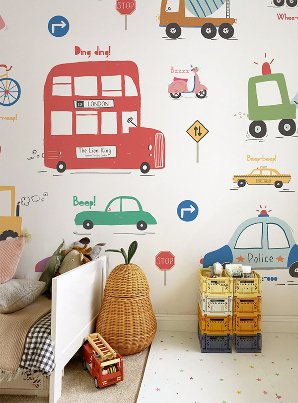 Illustrated kids’ wallpaper featuring cars, buses, bikes, and construction vehicles in playful colors