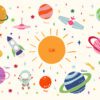 Illustrated space-themed wallpaper featuring colorful planets, stars, a rocket, astronaut, and the sun—designed for kids' rooms and educational play spaces.