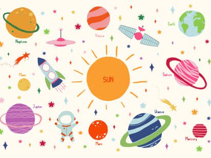 Illustrated space-themed wallpaper featuring colorful planets, stars, a rocket, astronaut, and the sun—designed for kids' rooms and educational play spaces.