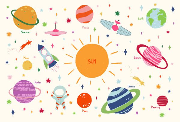 Illustrated space-themed wallpaper featuring colorful planets, stars, a rocket, astronaut, and the sun—designed for kids' rooms and educational play spaces.