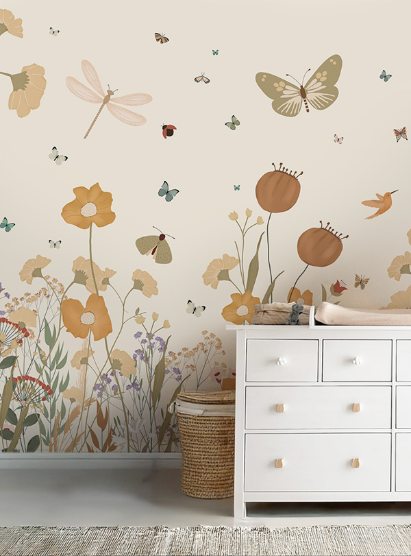 Wildflowers wallpaper with soft florals, butterflies, and gentle nature-inspired details on a neutral background