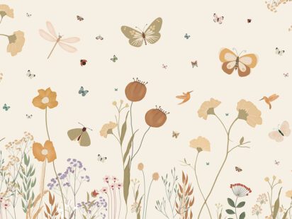 Wildflowers wallpaper with soft florals, butterflies, and gentle nature-inspired details on a neutral background
