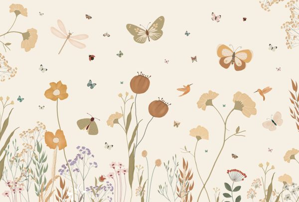 Wildflowers wallpaper with soft florals, butterflies, and gentle nature-inspired details on a neutral background