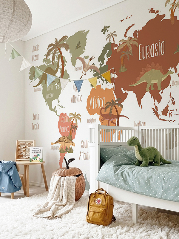Dinosaur world map wallpaper mural for kids bedroom, custom made-to-measure wall mural with illustrated dinosaurs in earthy tones, peel and stick or paper wallpaper
